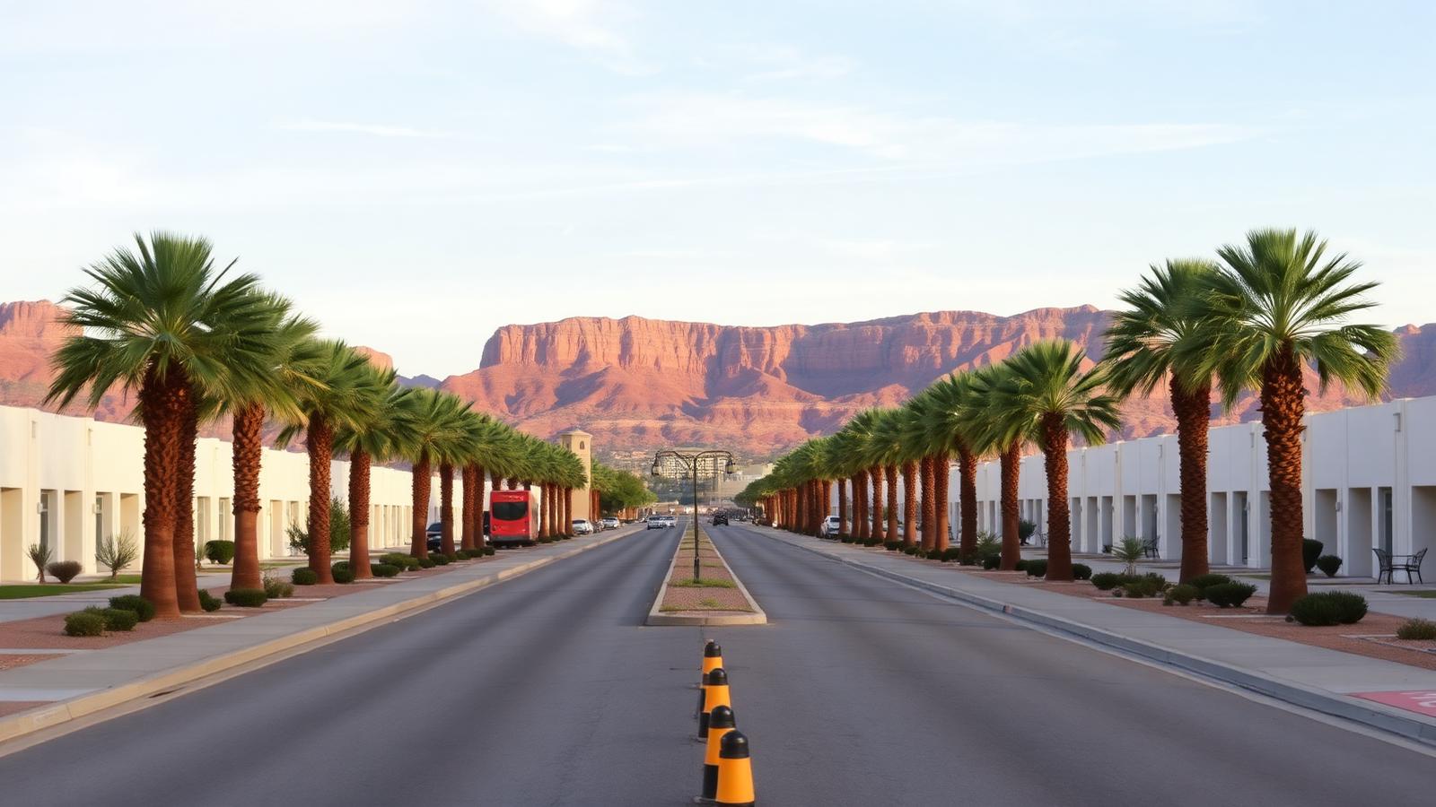 Palm-lined boulevard through downtown St. George with red rock bluffs in the background