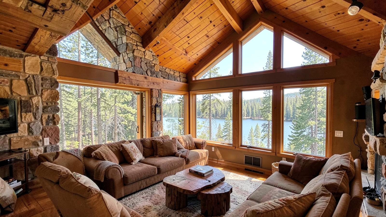 Timber and stone lake house living room with vaulted wood ceiling and large windows facing evergreens and water