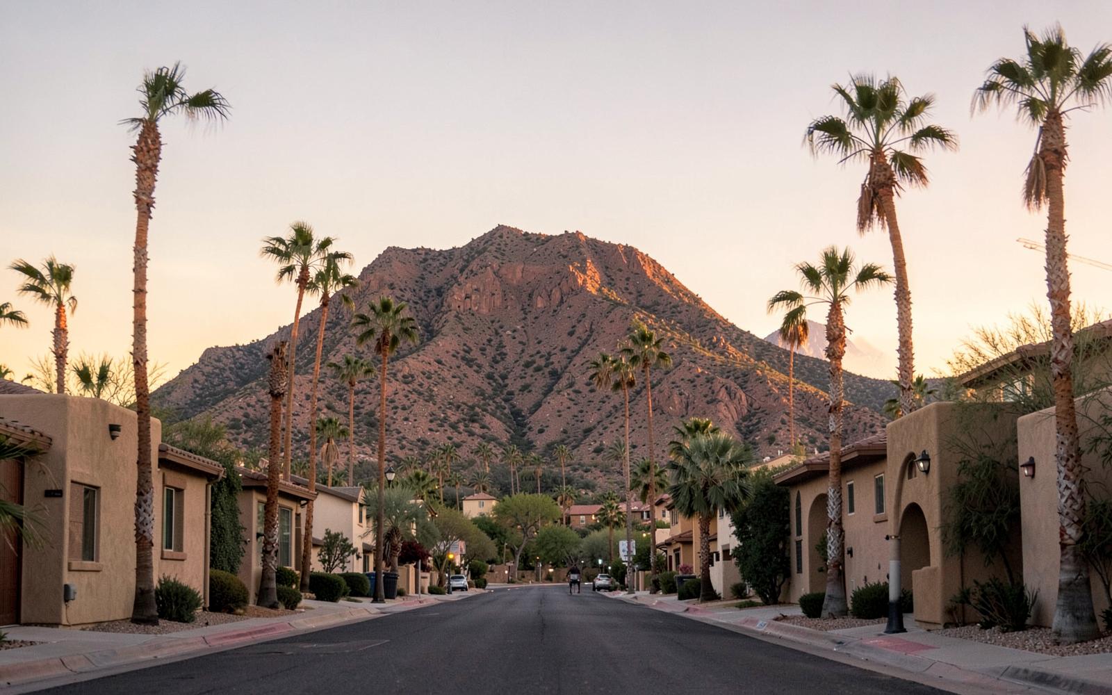 Desert mountain rising behind quiet residential streets of stucco homes and tall palm trees at sunrise