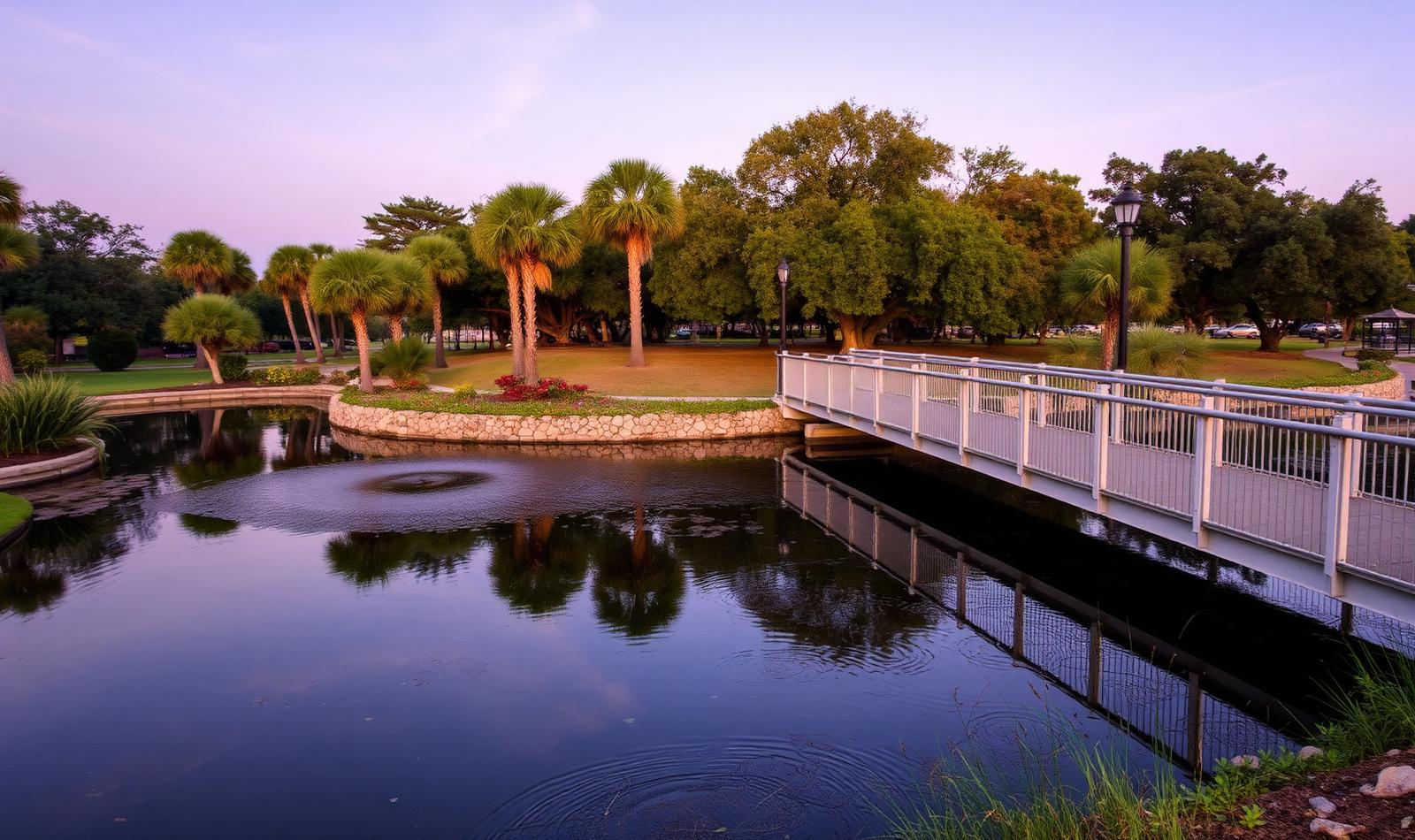 Cascades Park in Tallahassee at dusk, palms and oaks reflected in the pond