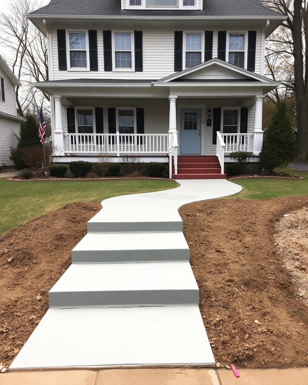 Freshly poured concrete walkway and steps leading to the porch of an older two-story frame house