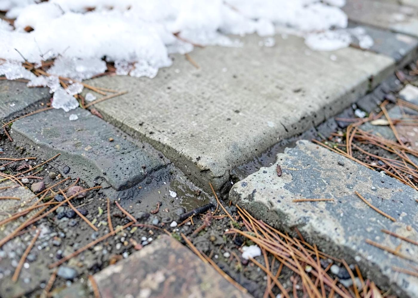 Close-up of a concrete walkway edge meeting flagstone with pine needles and melting snow