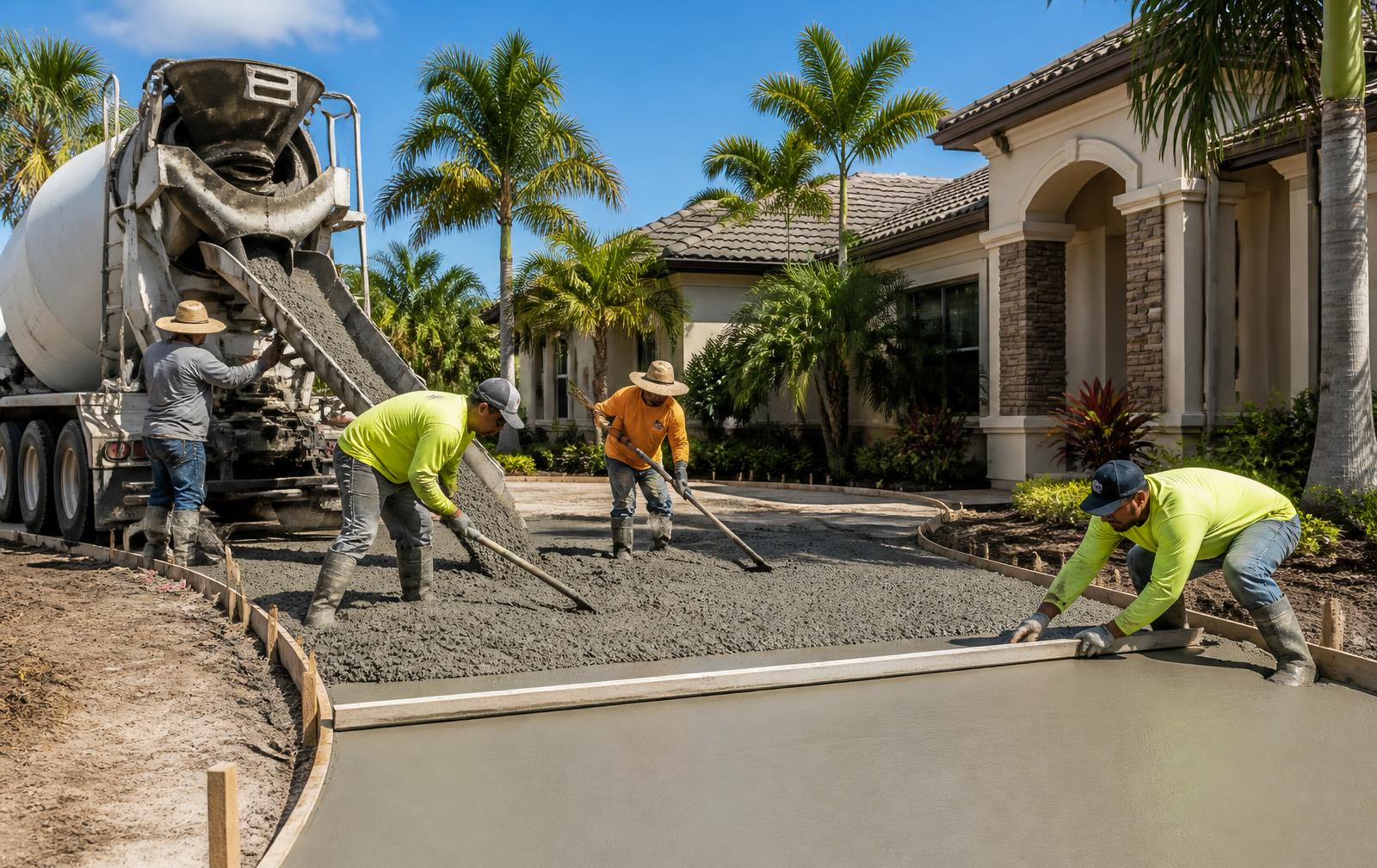 Crew screeding a freshly poured concrete driveway at a St. Petersburg home under bright afternoon sun
