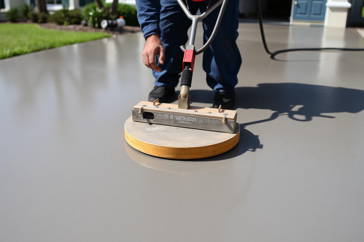 Fresh concrete driveway slab being smoothed with a bull float at a Miami home