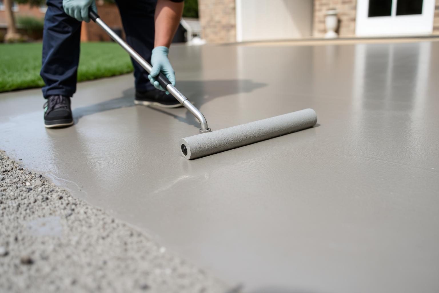 Fresh concrete being screeded and floated on a residential driveway slab in Orlando