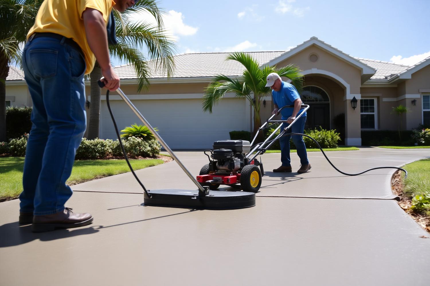 Concrete crew finishing a freshly poured residential driveway at a Tallahassee home
