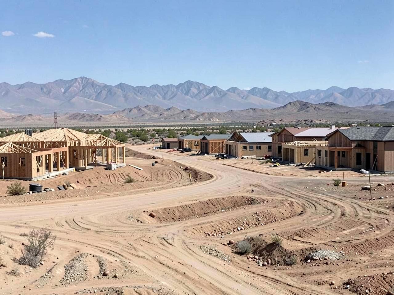 Desert subdivision under construction with framed houses, graded lots, and mountains behind