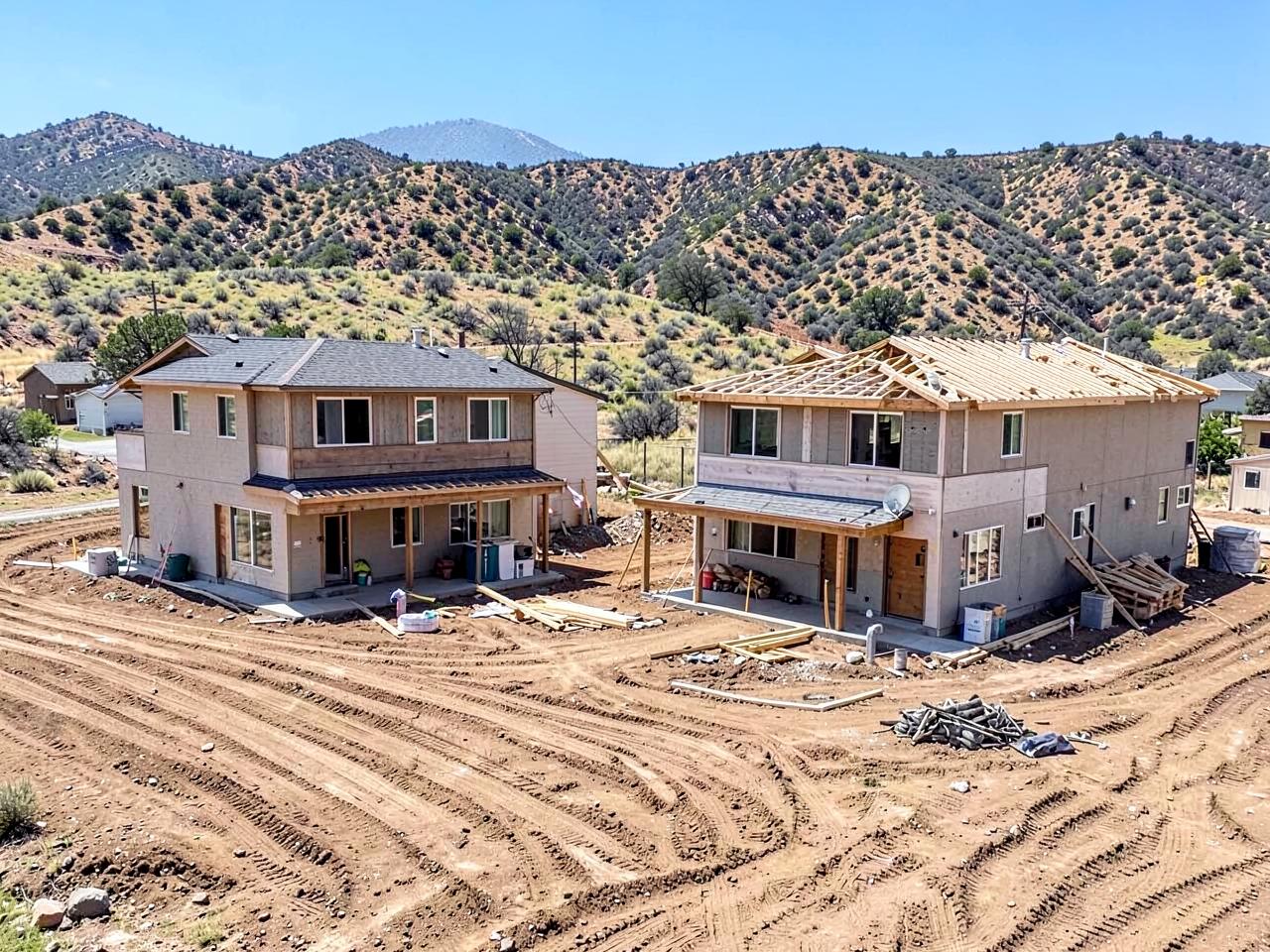 Two-story homes under construction with exposed roof framing on graded dirt lots below sagebrush hills