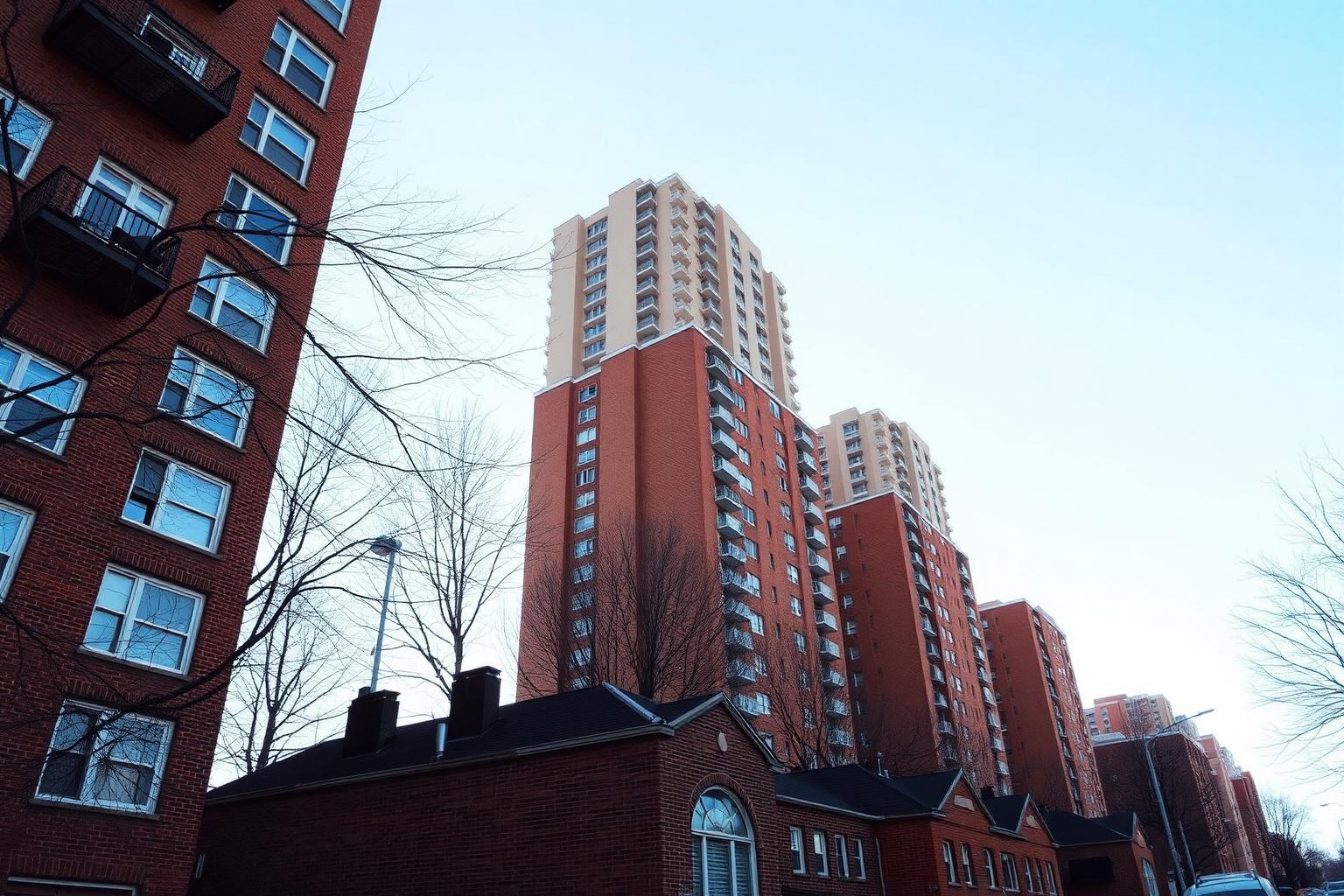 Mixed row of Chicago bungalows and multi-unit courtyard buildings showing the city's varied housing density
