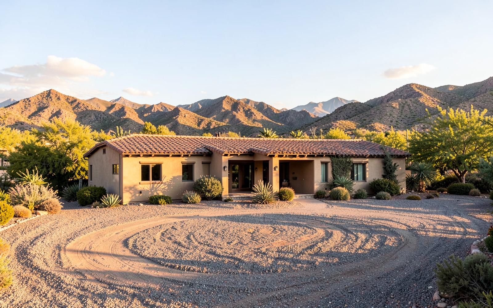 Single-story stucco desert home with tile roof on a large gravel lot with a circular drive and mountains behind