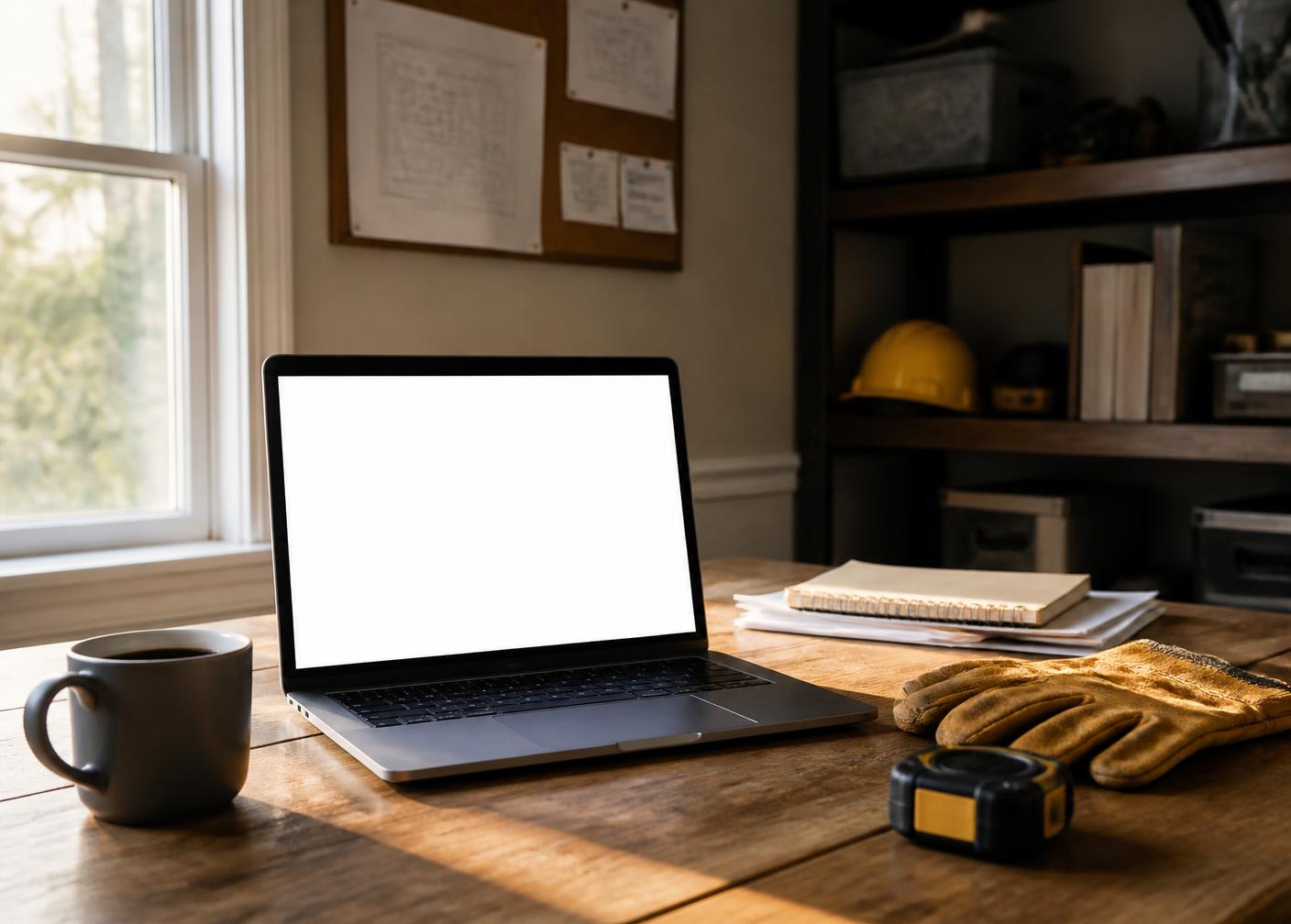 Contractor's home office desk with a laptop showing a blank screen, work gloves, and a tape measure