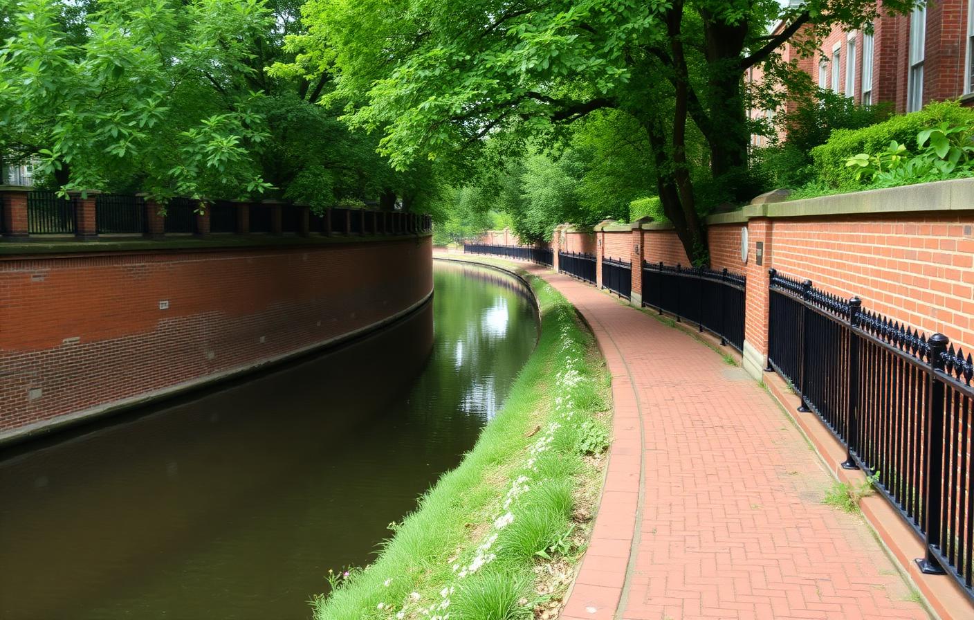 Brick storefronts and landscaped path along the Riverwalk in downtown Naperville