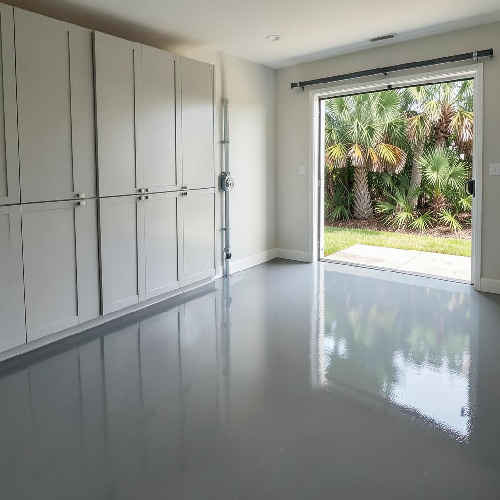 Glossy grey epoxy-coated garage floor in a clean three-car garage with cabinets and open door to palmetto planting