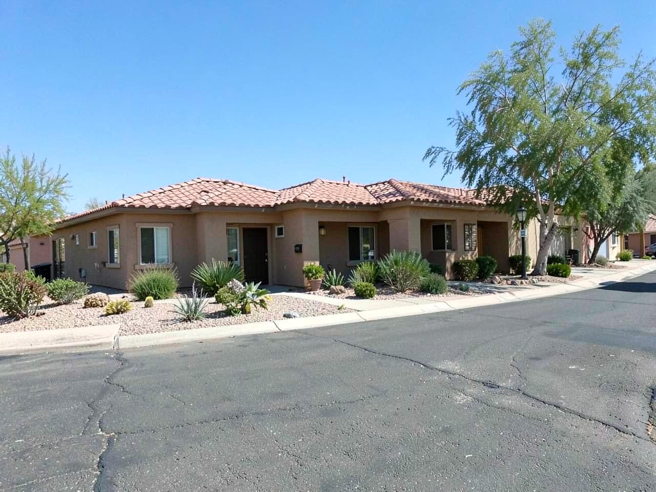 Row of single-story stucco homes with tile roofs and mature desert landscaping in an established suburb