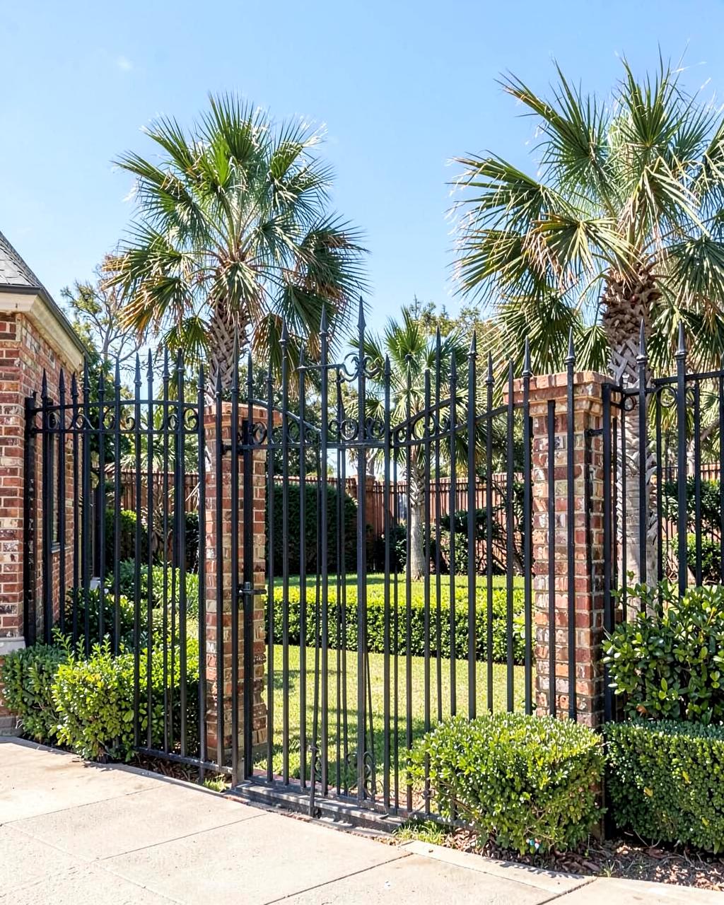 Tall dark ornamental metal fence with brick columns enclosing a manicured coastal yard with palmettos