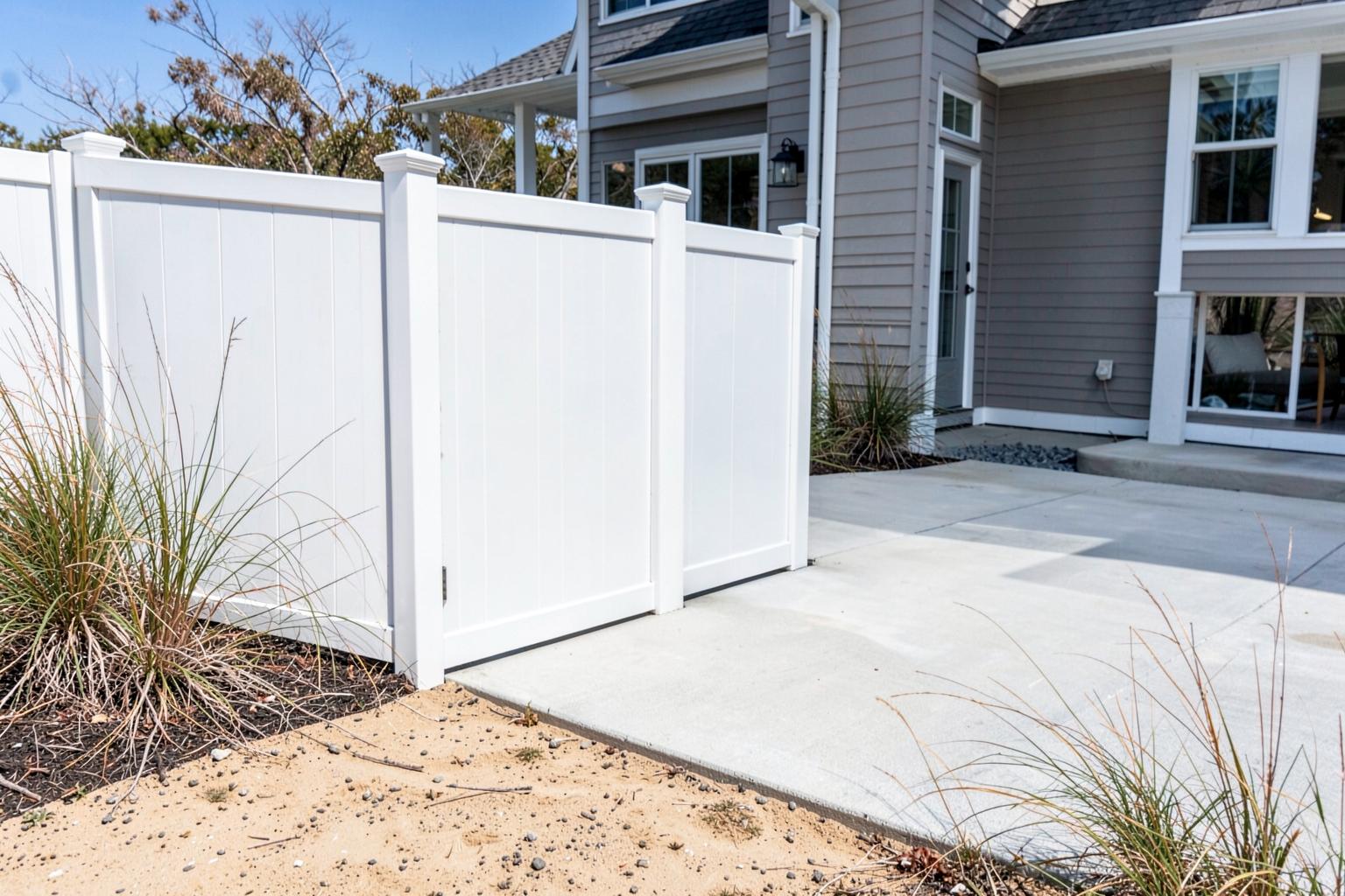 White vinyl privacy fence panels beside a fresh concrete patio slab behind a coastal home in sandy soil