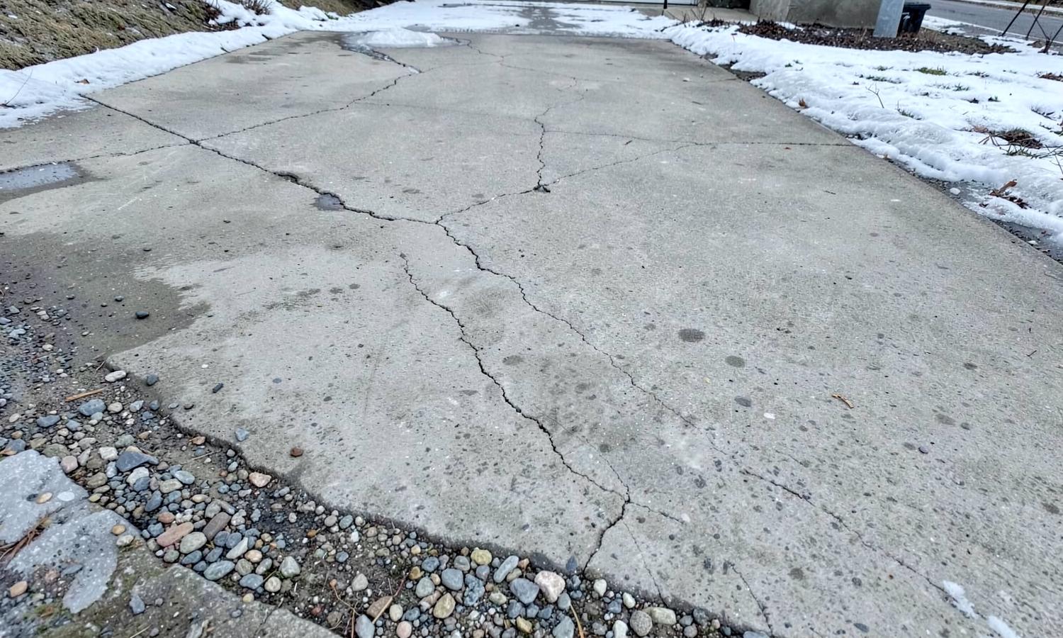 Cracked and spalled residential concrete driveway after repeated hard freezes with melting snow along the edges