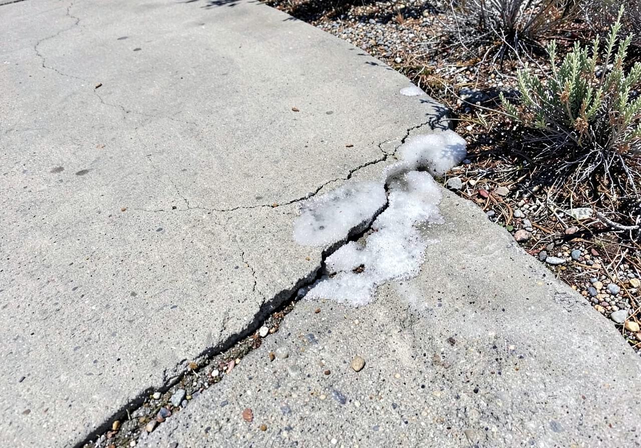 Cracked and spalled concrete driveway edge with melting snow lodged in the cracks beside dry sagebrush