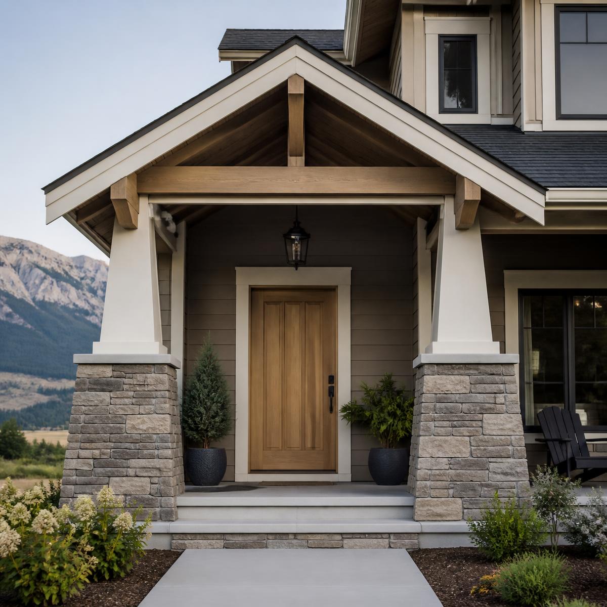 Covered front porch of a newly built craftsman-style home with stone columns and a plain wood door