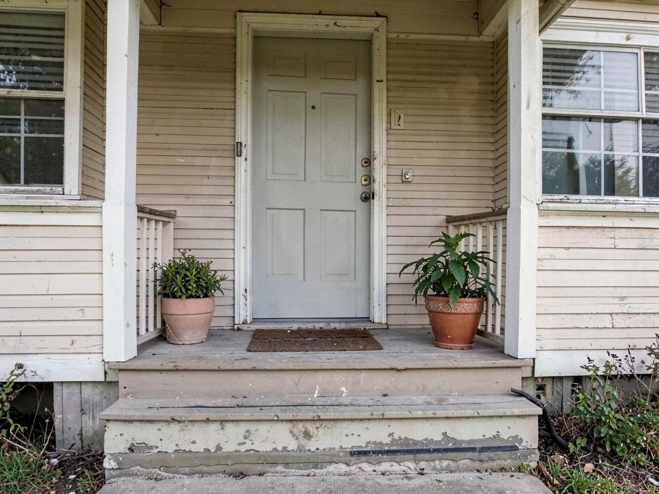 Simple front porch steps of a modest older home with a plain painted door and two potted plants