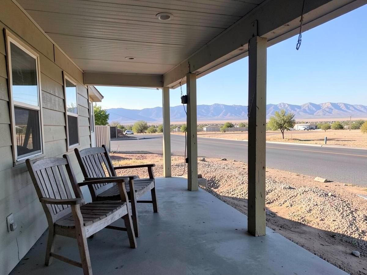Covered front porch with two wooden chairs looking out over a wide flat street toward distant mountains