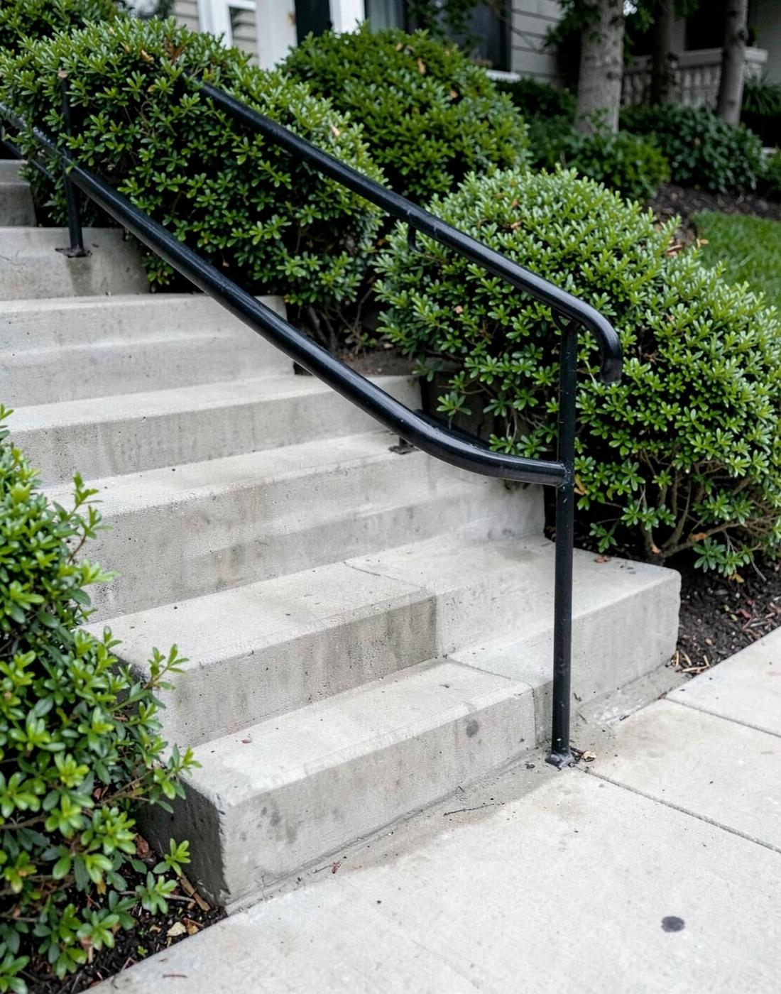 Newly poured concrete front steps with a plain black handrail beside trimmed shrubs and a clean sidewalk