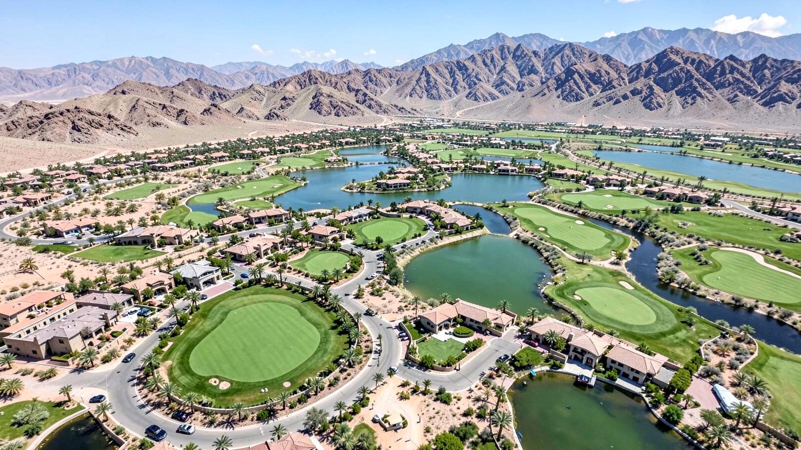 Aerial view of a luxury desert golf community with winding streets, walled estates, lakes and fairways below rugged mountains