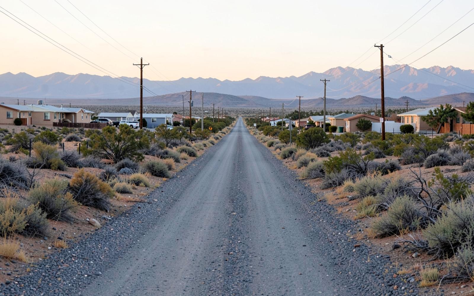 Long gravel road between widely spaced rural desert homes with power poles and mountains on the horizon