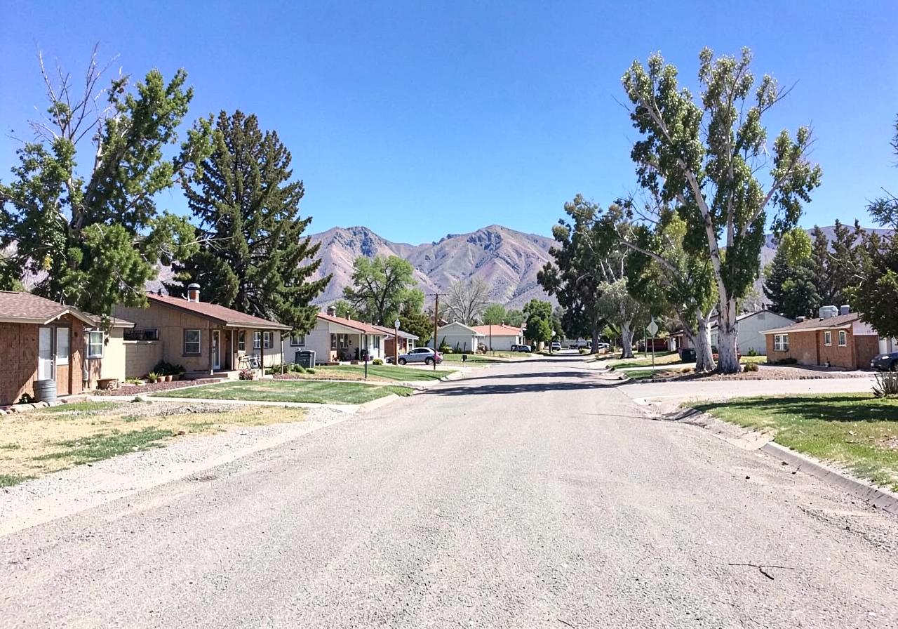 Row of modest mid-century single-story homes on a wide street with mature trees and dry mountains in the distance