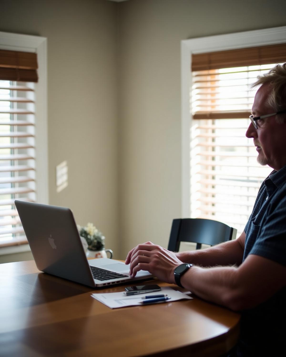 Tallahassee homeowner comparing contractor websites on a laptop at a kitchen table
