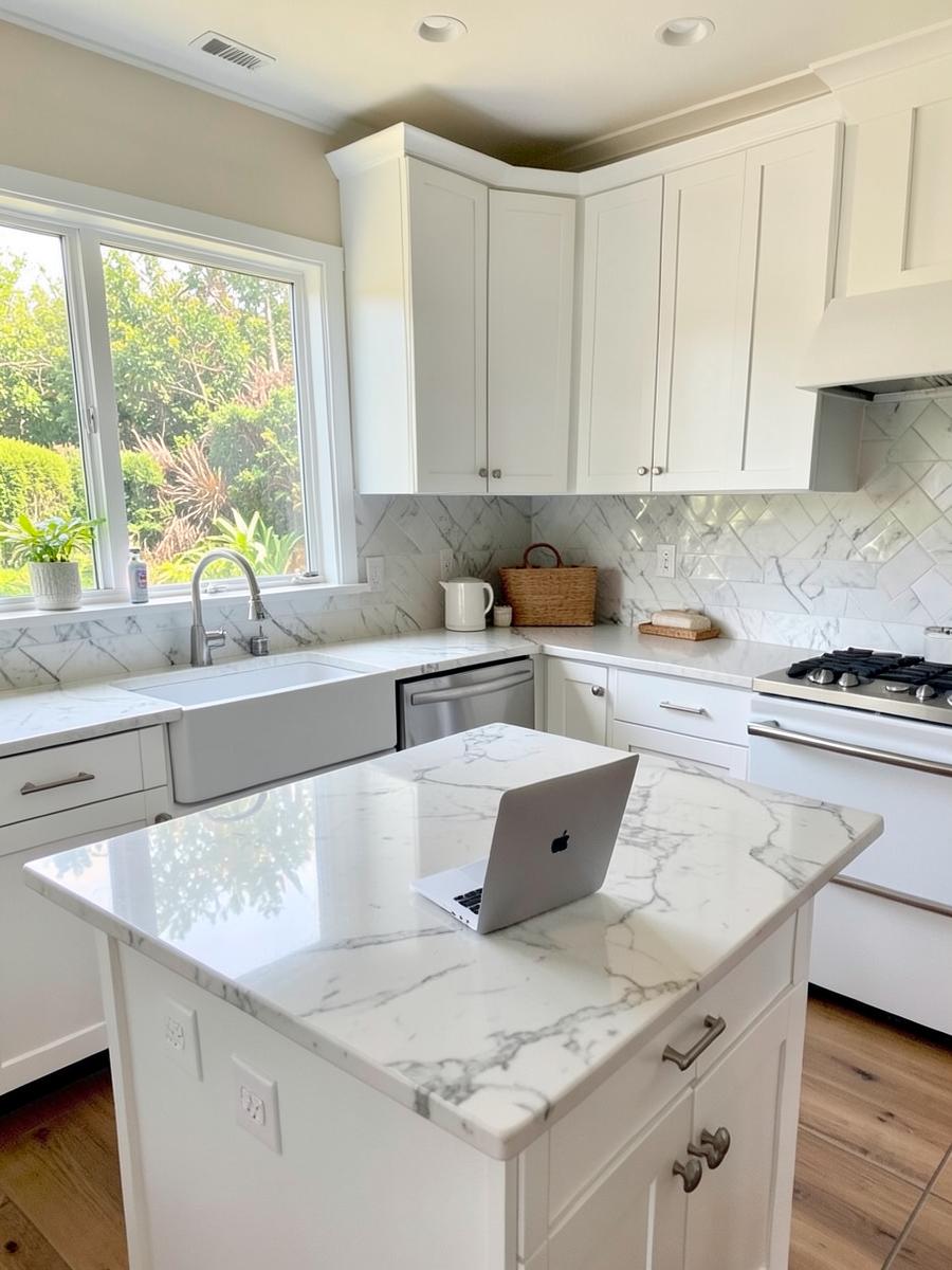 Renovated bright kitchen in a coastal home with white cabinets, marble island and a closed laptop