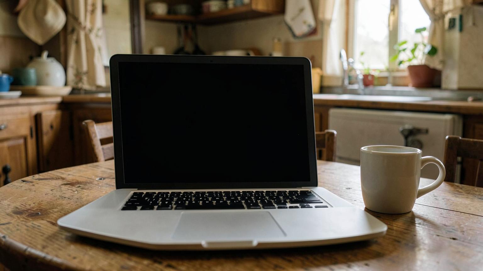 Open laptop with a blank dark screen beside a plain mug on a worn wooden kitchen table