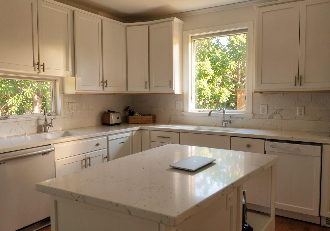 Renovated kitchen with white shaker cabinets, quartz counters and a closed laptop on the island