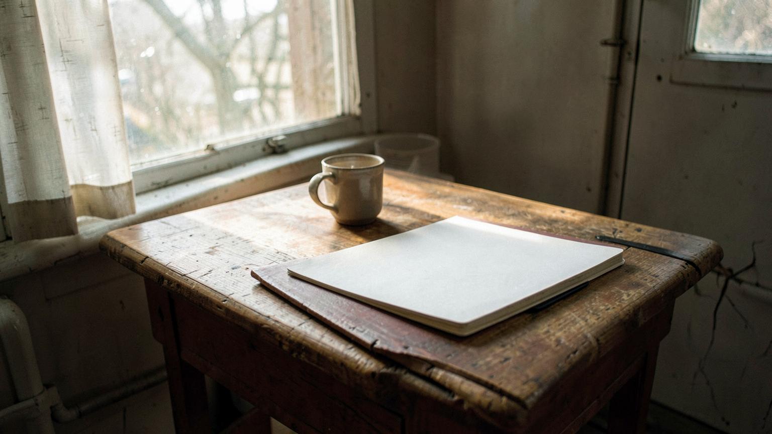 Simple wooden kitchen table by a window in an older home with a coffee mug and a closed blank notebook