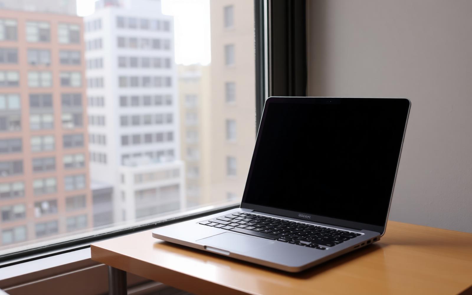 Laptop displaying a blank contractor website on a countertop inside a Brooklyn brownstone kitchen