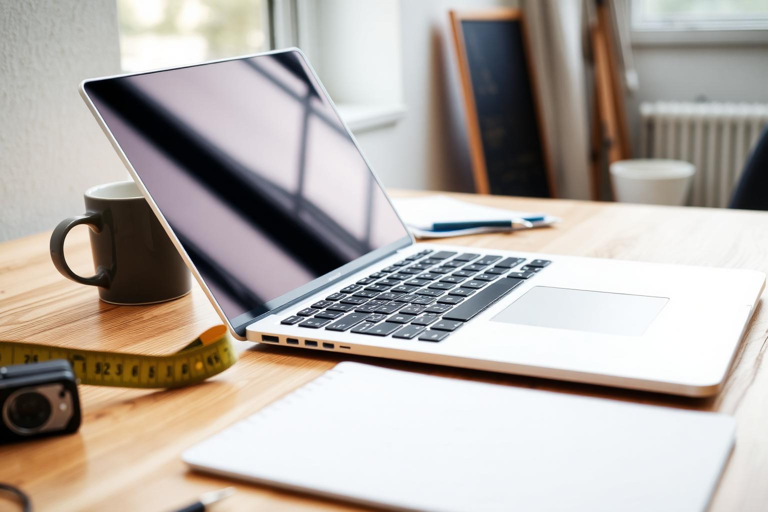 Open laptop with a blank screen beside a tape measure on a contractor's desk in North Texas