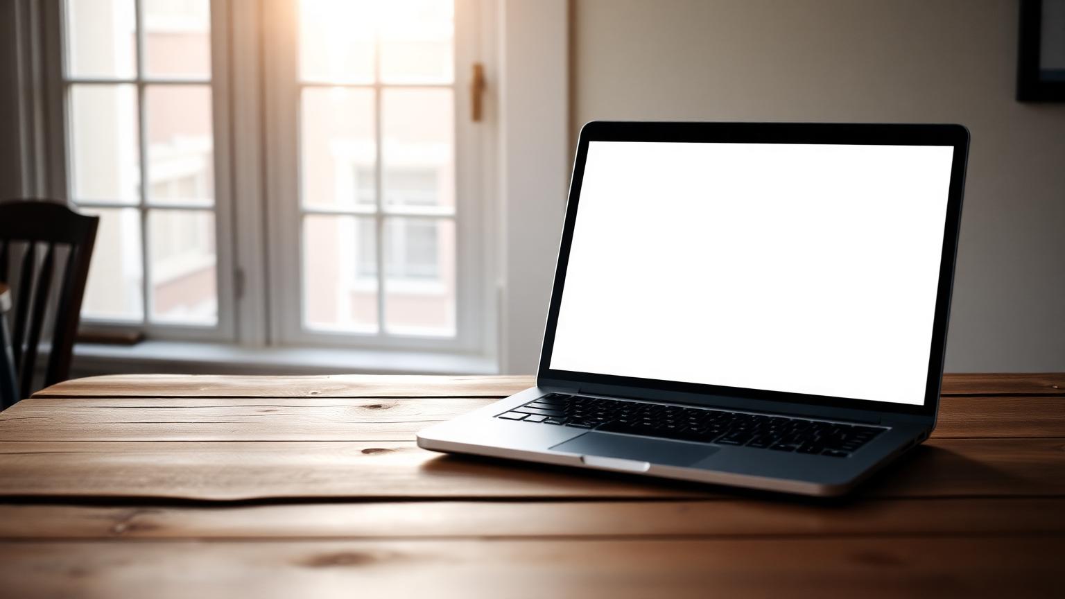 Laptop displaying a blank contractor website on a table inside a Fishtown rowhouse