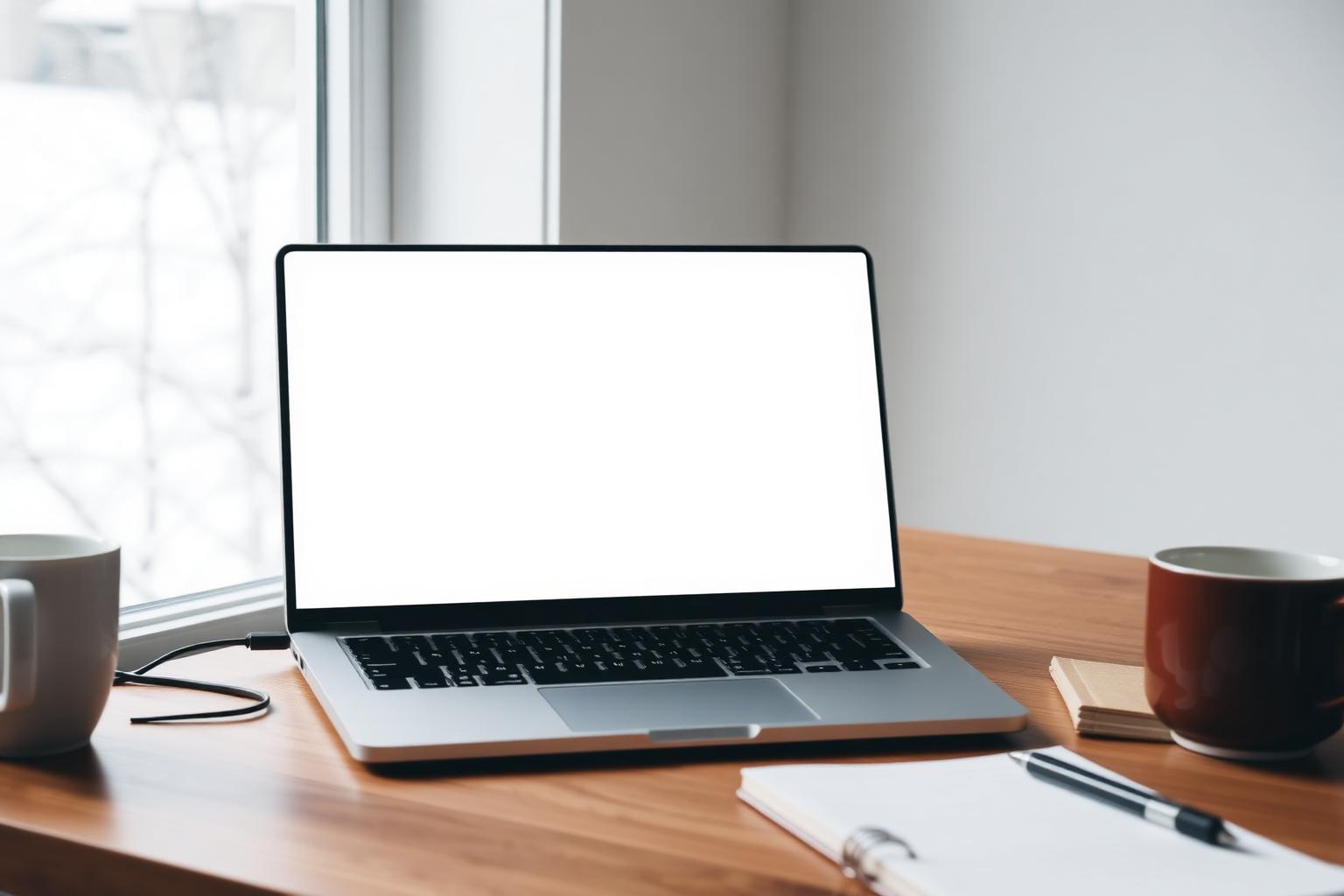 Laptop displaying a blank contractor website on a kitchen table inside a South Buffalo wood-frame double