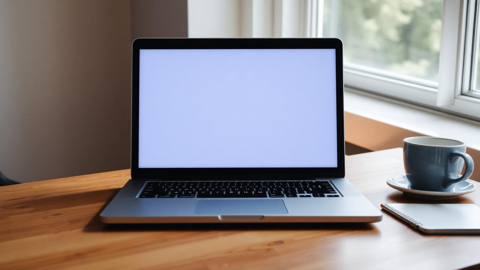 Open laptop with a blank screen on a wooden desk in morning light, used to review an Austin contractor website