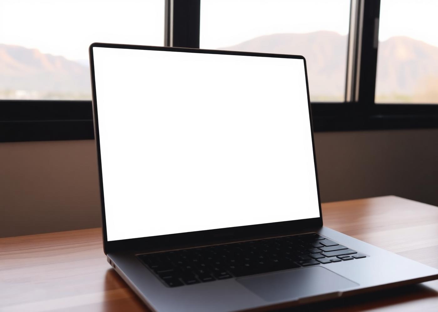 Open laptop with a blank screen on a contractor's desk with the Franklin Mountains visible through a window