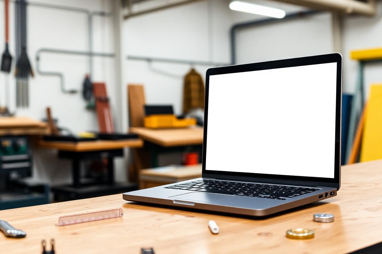 Laptop displaying a blank contractor website screen resting on a plywood workbench in an Oakland job trailer