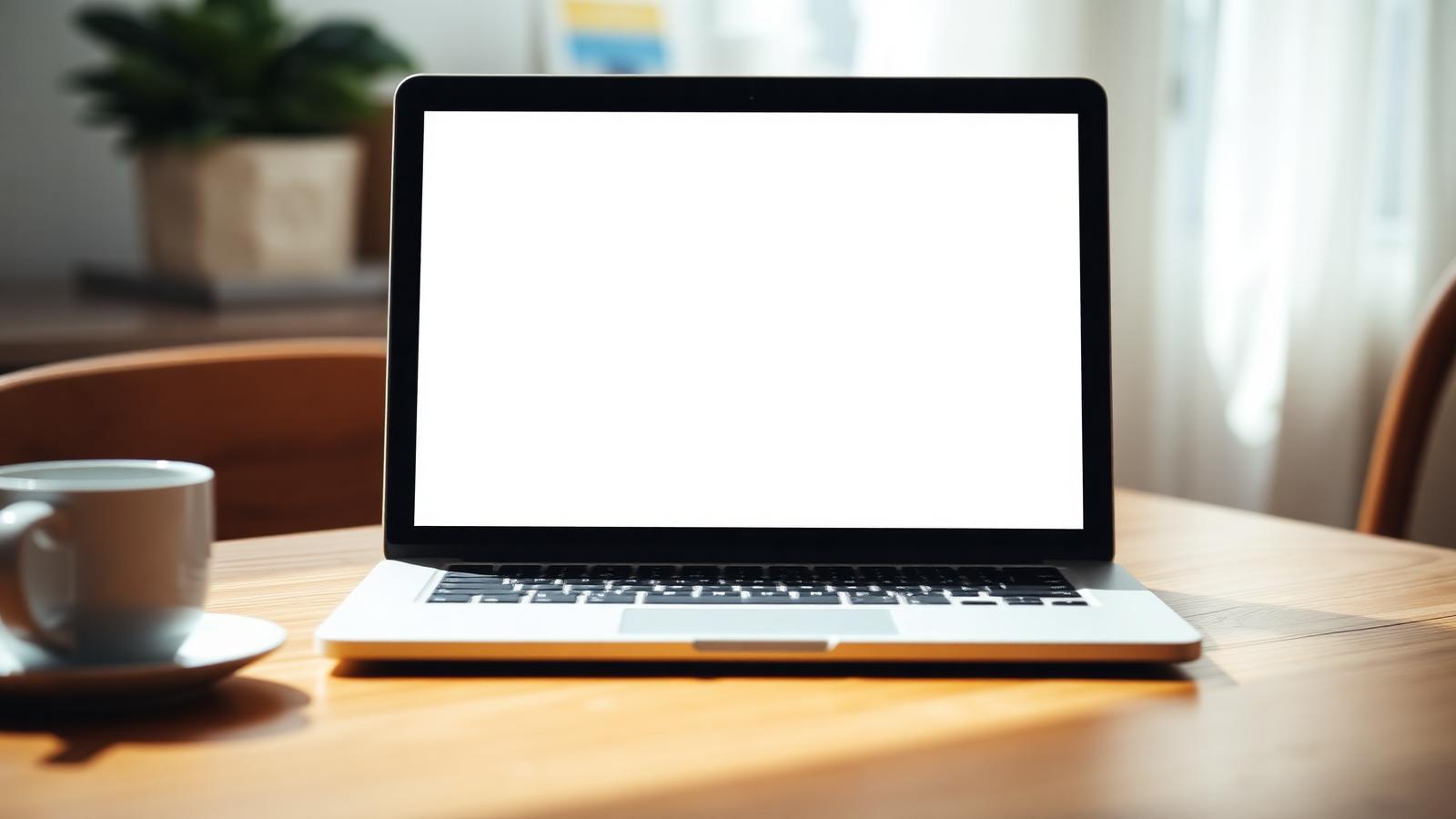 Laptop with a blank screen on a wooden desk in morning light beside a coffee cup