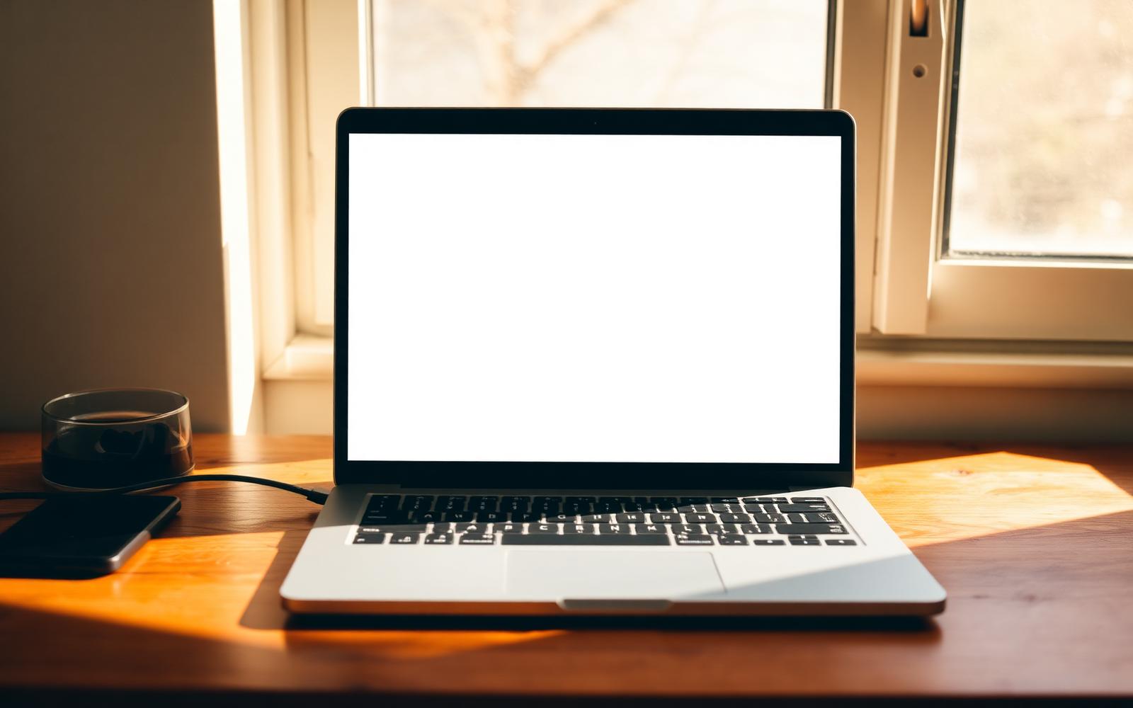 Open laptop with a blank screen on a desk overlooking the Los Angeles skyline near Glendale