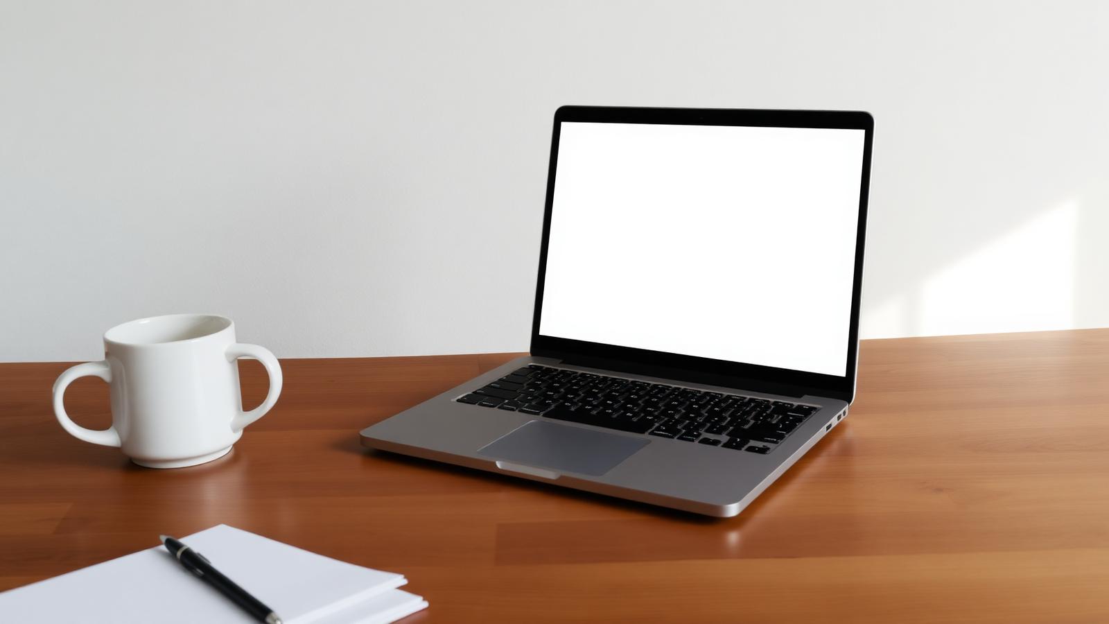 Laptop displaying a blank contractor website on a table near Erie's bayfront with a marina visible outside