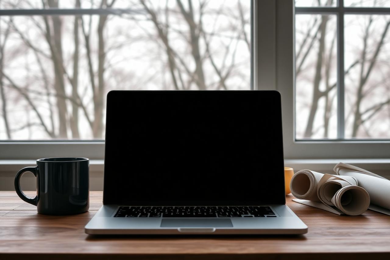 Laptop displaying a blank contractor website on a kitchen table inside a Delmar Victorian home