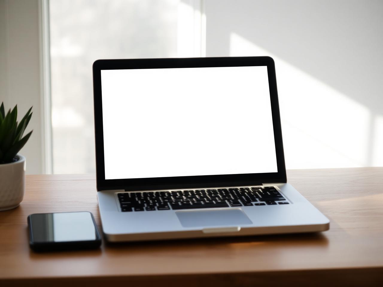 Open laptop with a blank screen on a wooden desk in soft daylight