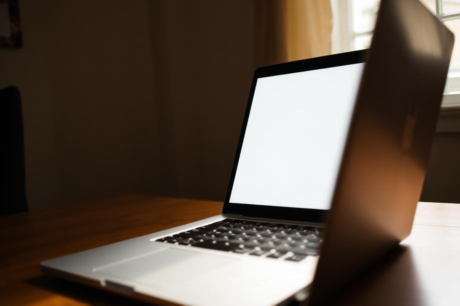 Open laptop with a blank screen on a landlord's desk near the Depot District in Lubbock