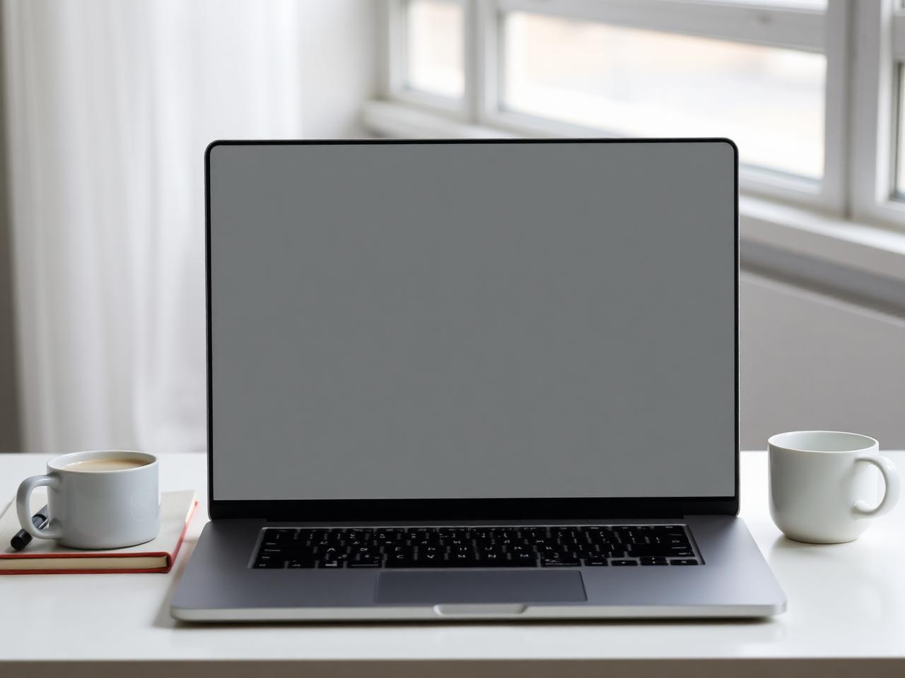 Open laptop displaying a blank contractor website screen in a modern San Jose home office