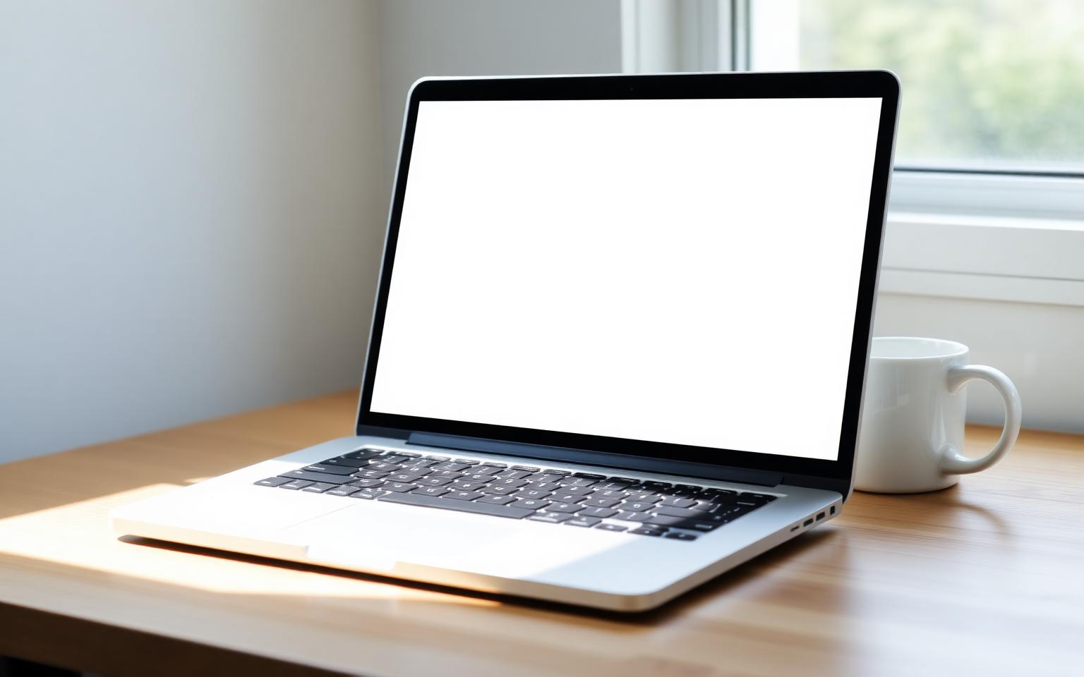 Laptop displaying a blank contractor website on a table inside a century-old Scranton row house