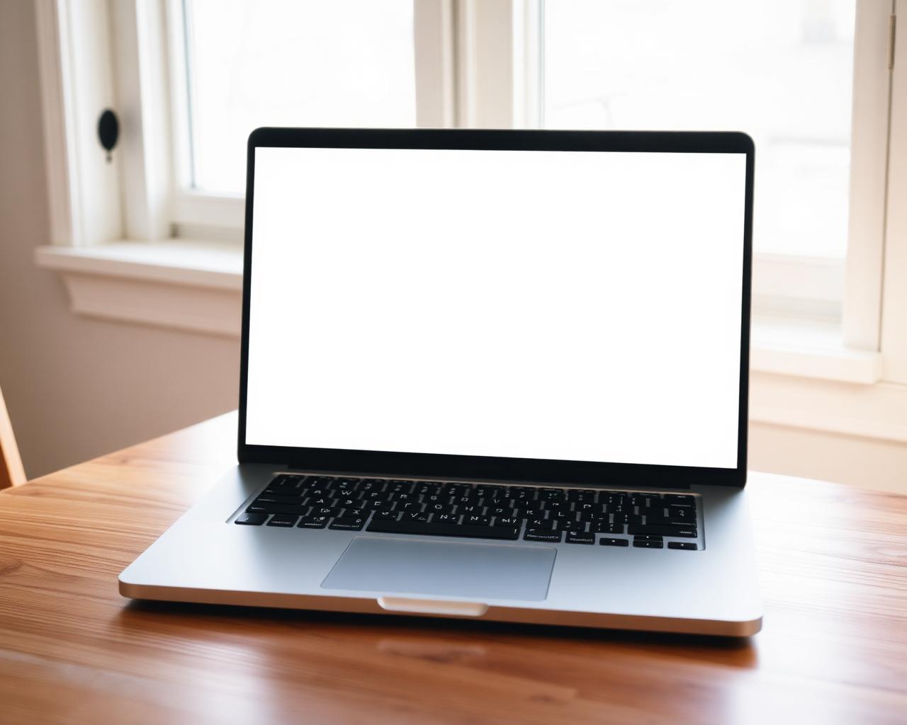 Open laptop with a blank screen on a contractor's desk with the Harbor Bridge visible through a window